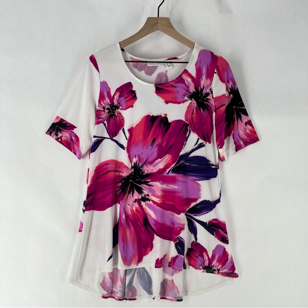 Susan Graver Slinky Stretch Knit Floral Rhinestone Embellished Short Sleeve Top